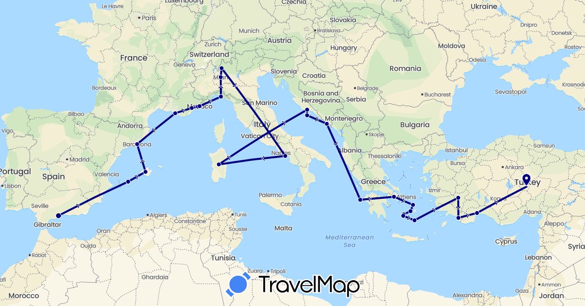 TravelMap itinerary: driving in Spain, France, Greece, Croatia, Italy, Monaco, Turkey (Asia, Europe)